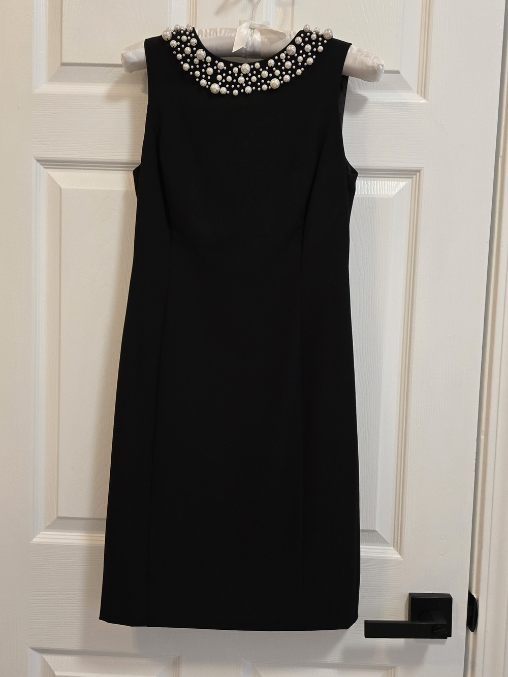 Calvin Klein Black Sleeveless Sheath Dress with Pearl Collar